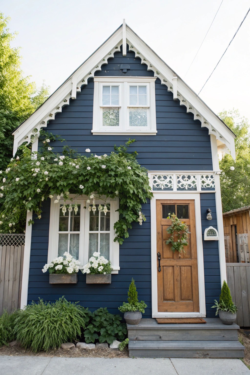 Bold navy and natural greenery—tiny house, big personality.