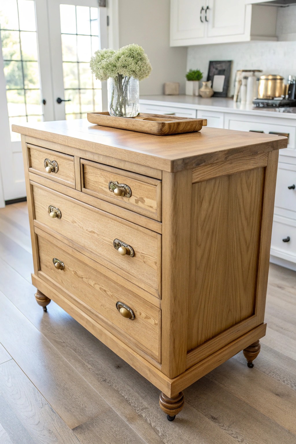 Give old furniture new life: a vintage dresser becomes a charming, space-saving kitchen island.