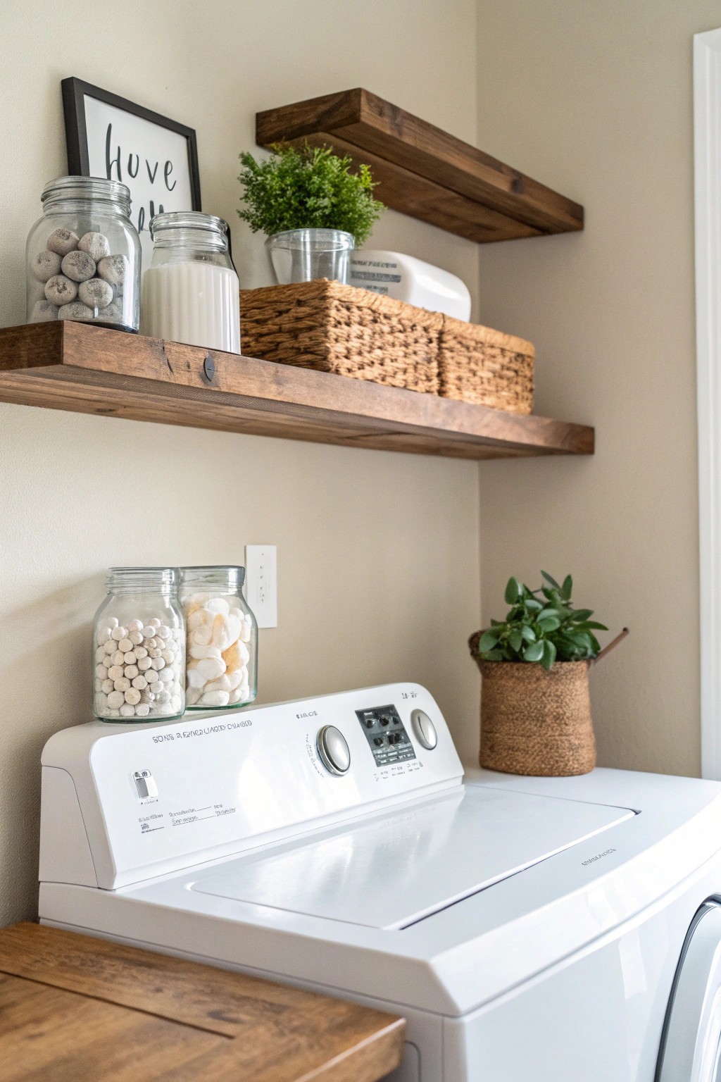 Effortless organization: a floating shelf brings beauty and function to your laundry routine.