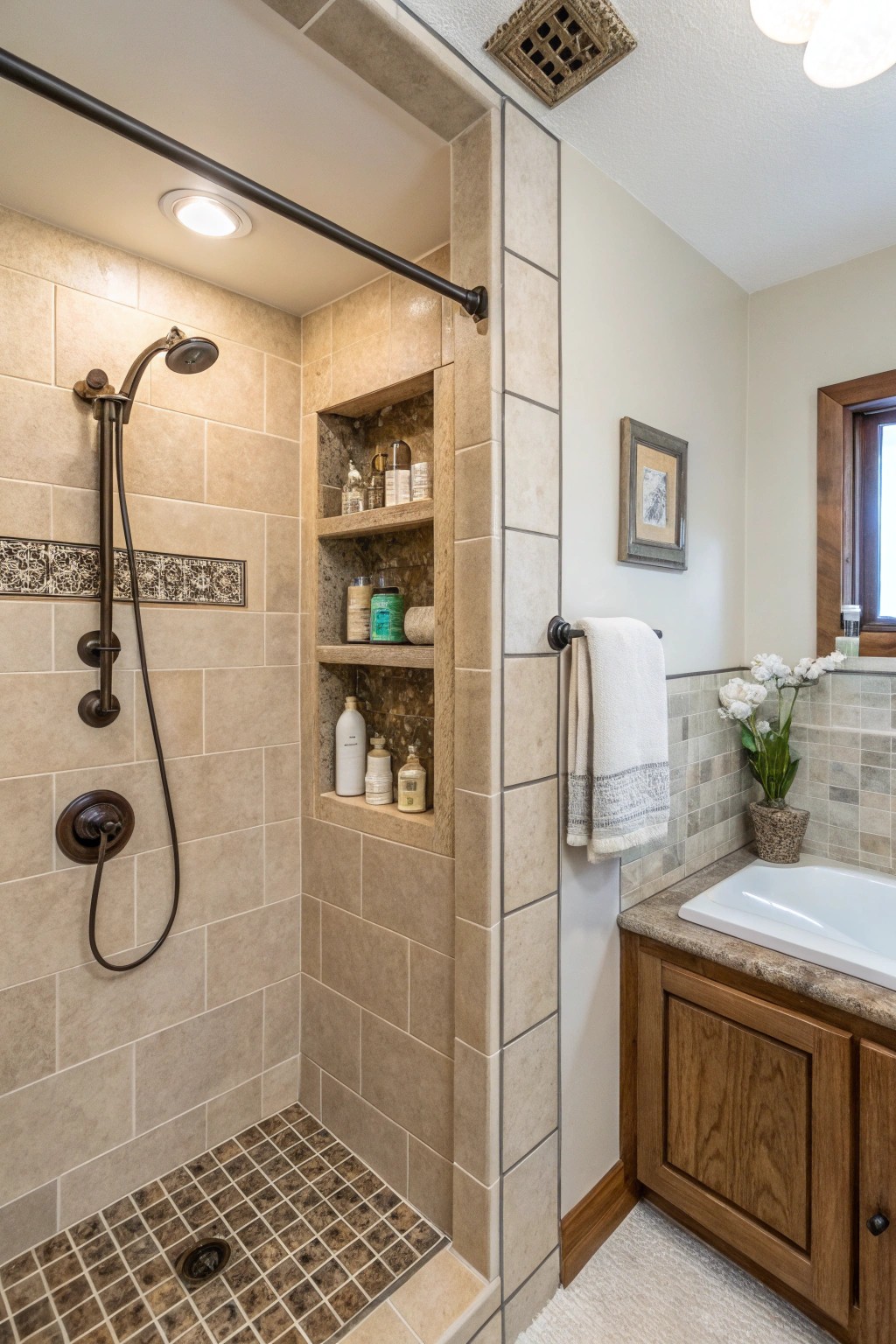 A recessed shower niche keeps essentials organized and off surfaces.