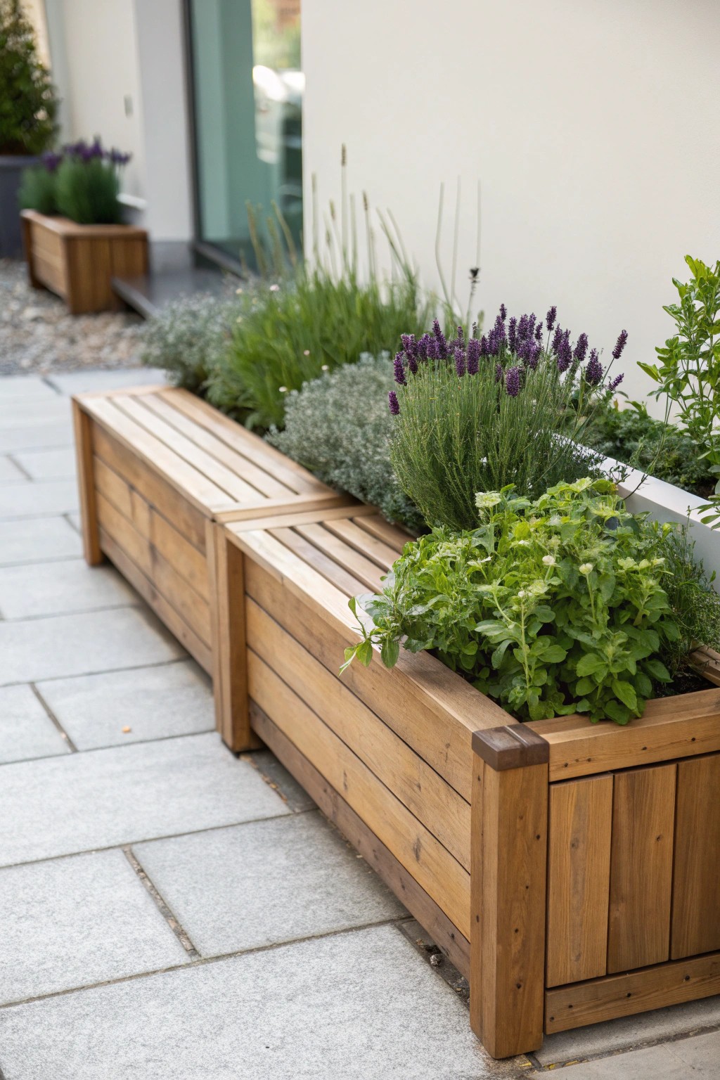 Elegant bench seating with lush built-in planters — the perfect blend of comfort and natural beauty.