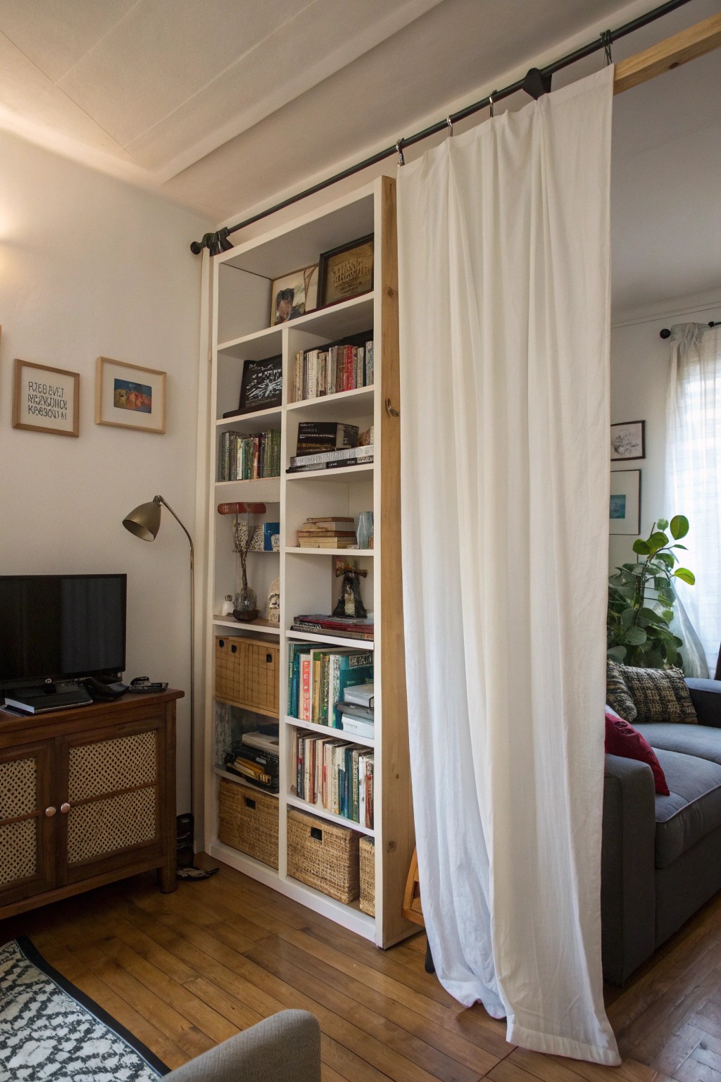 Open shelving and curtains subtly define living and sleeping spaces.