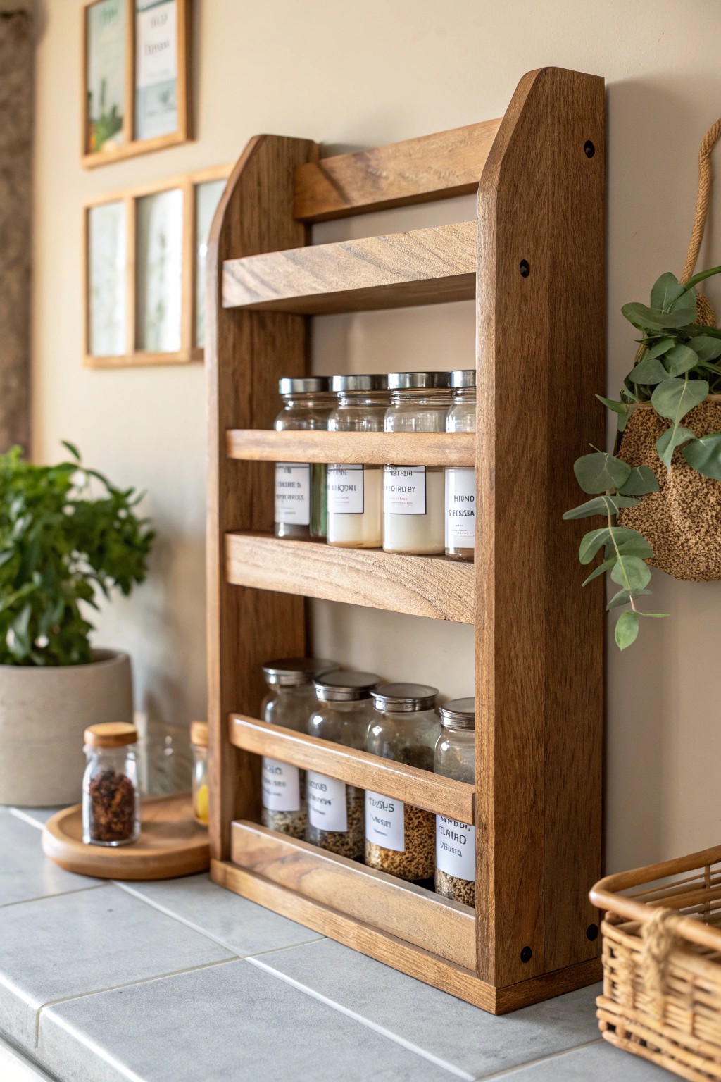 Handcrafted wooden spice rack: natural beauty and simple elegance for your kitchen.