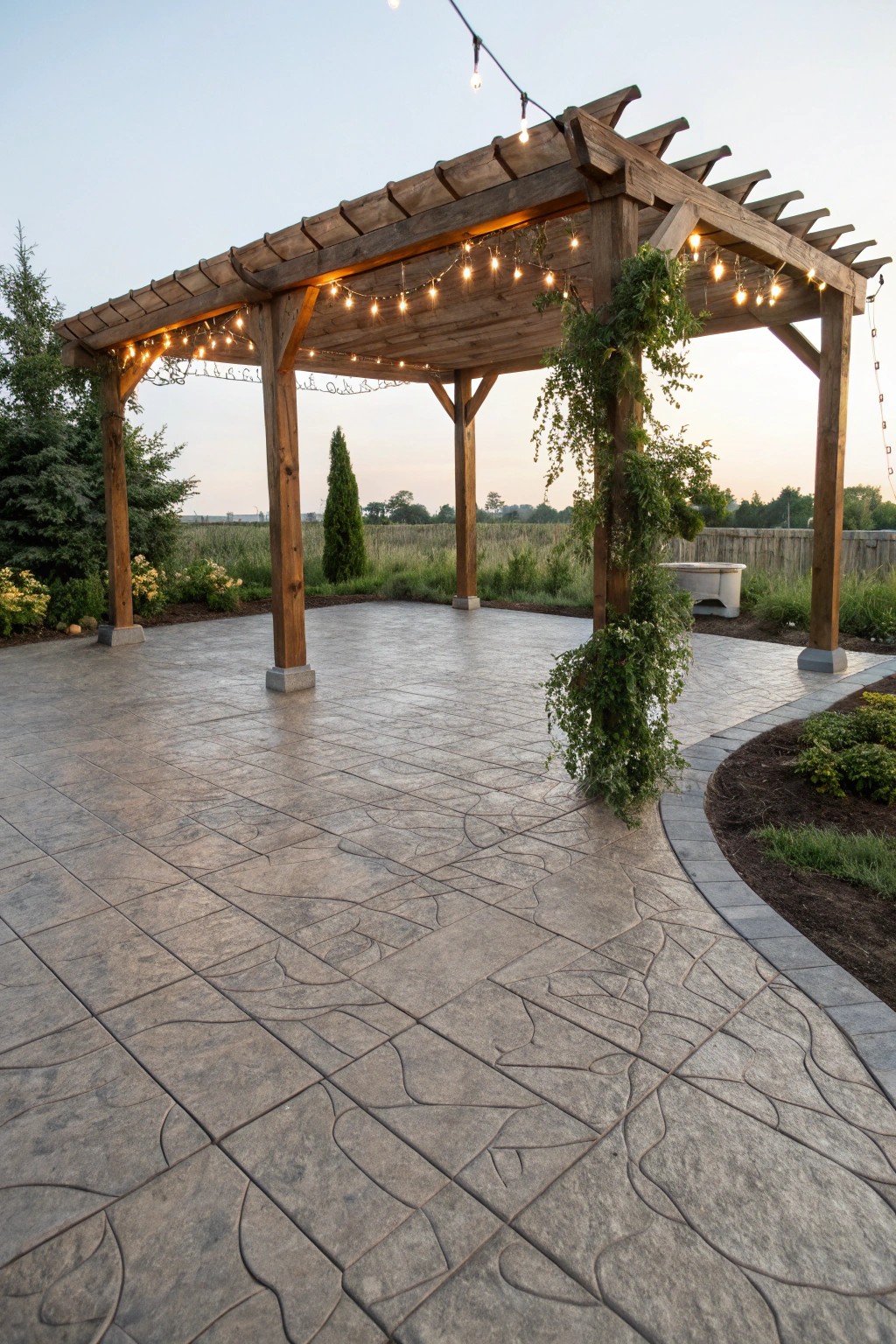 Simple elegance: a stamped concrete patio meets a handcrafted pergola for the perfect backyard escape.