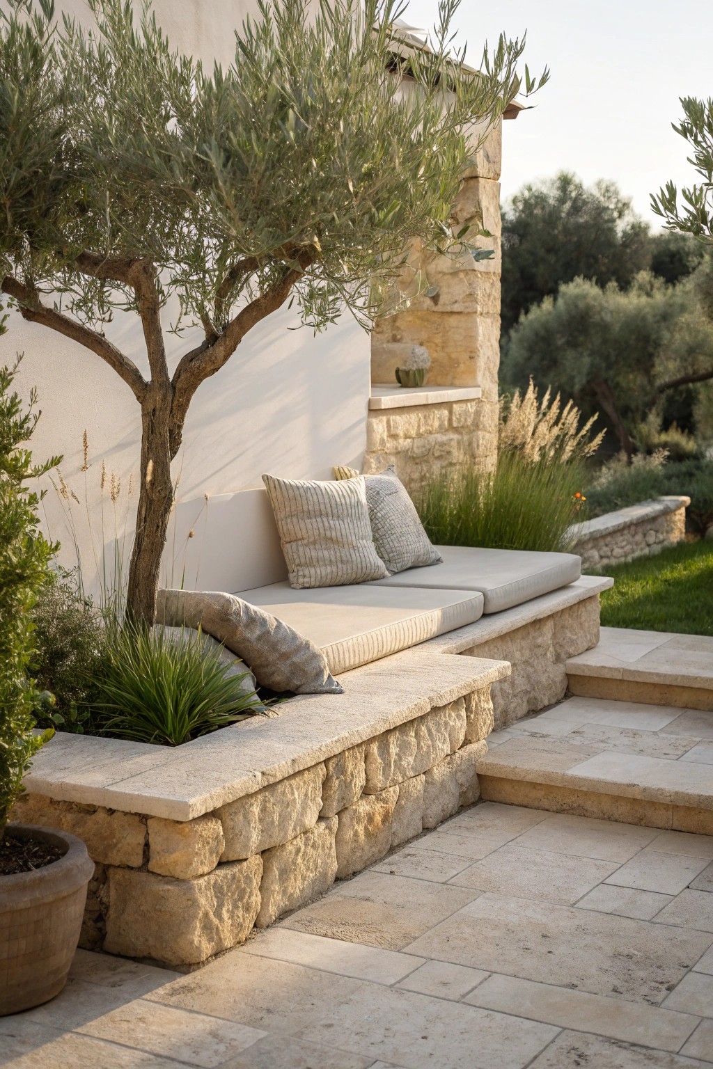 Elevate your patio with the timeless beauty of a built-in stone bench.