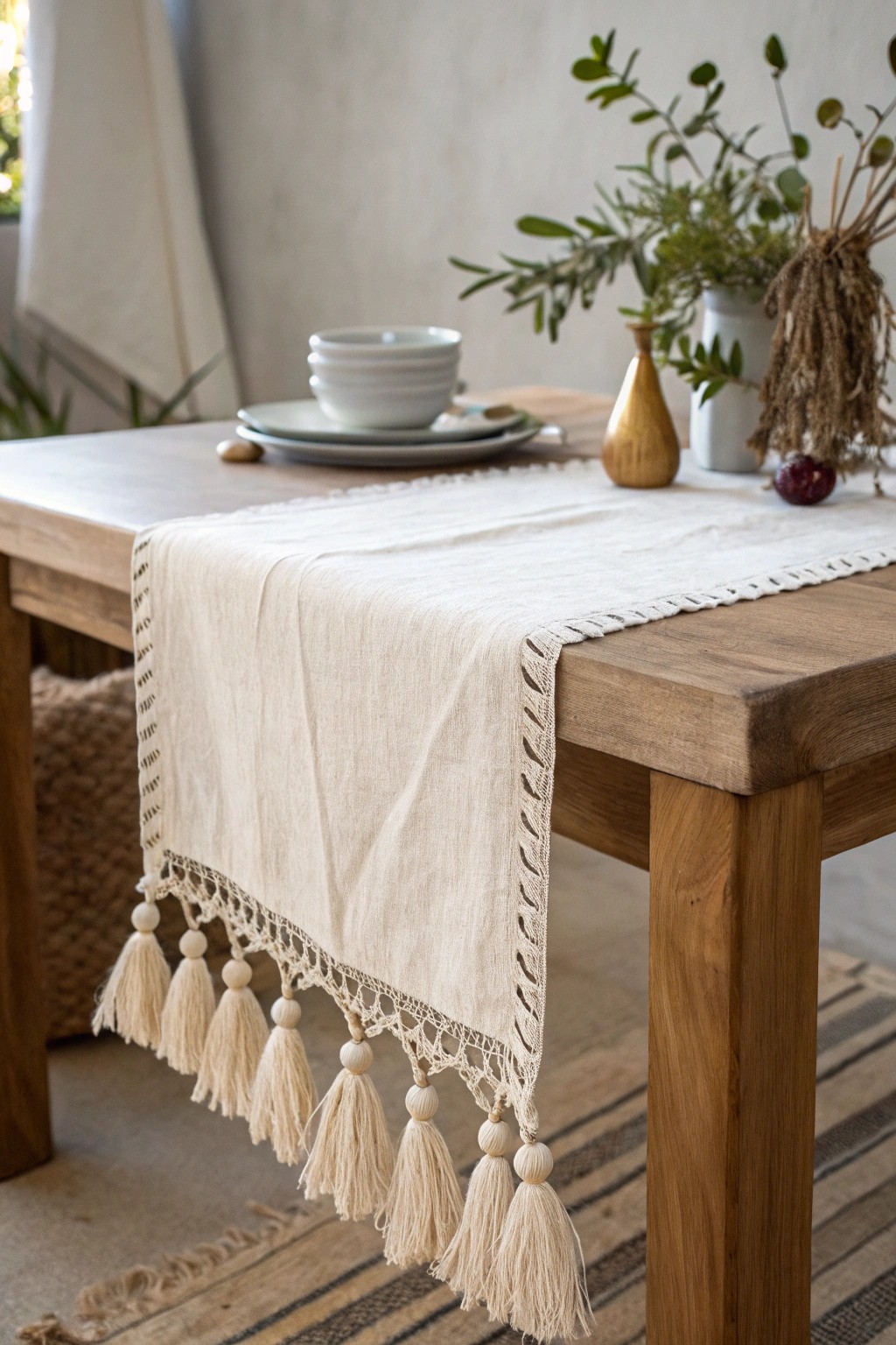 Elevate your table with a tasseled runner for effortless boho style.