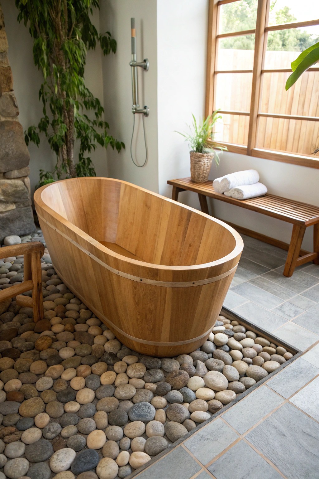 Embrace spa serenity with a handcrafted wood tub and river stone floor.