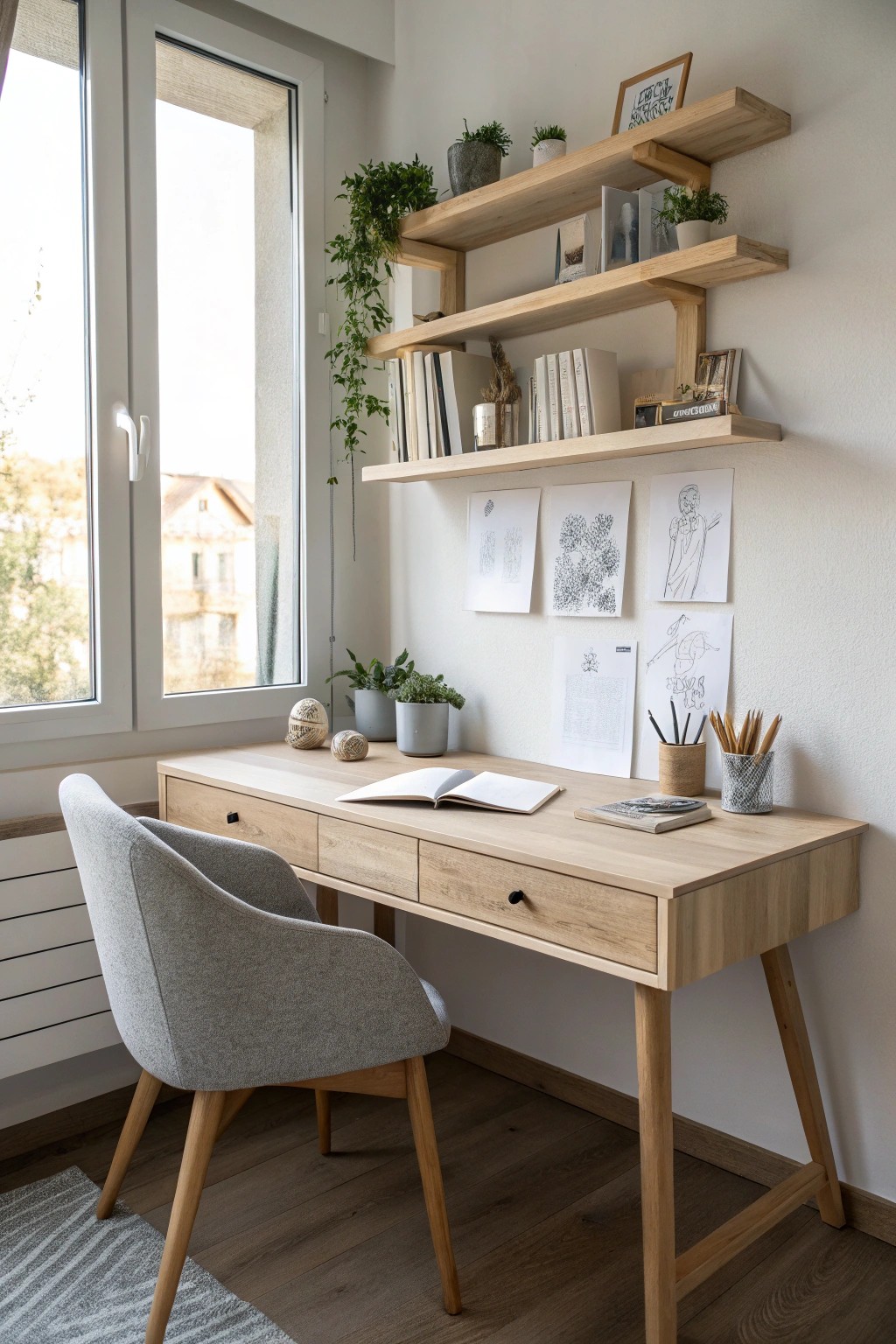 A sunlit desk sanctuary: where creativity blossoms and dreams take shape.
