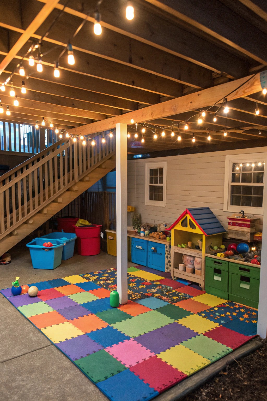 A playful under deck zone keeps children engaged and safe, rain or shine.