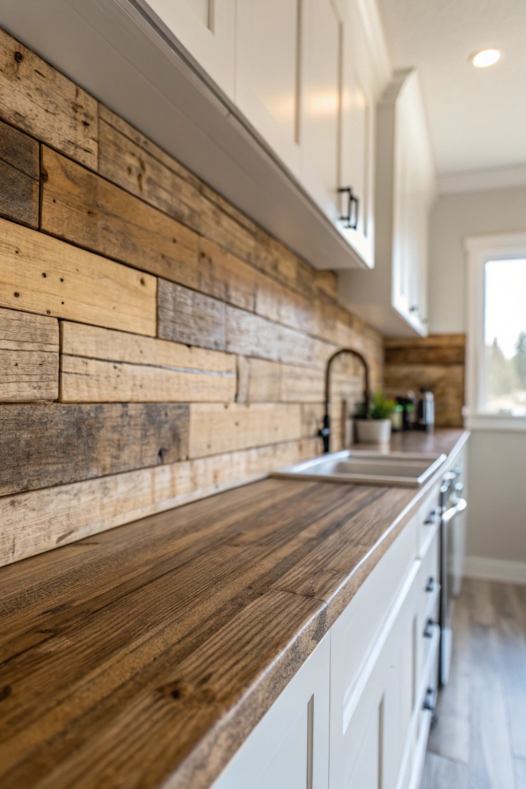 Embrace rustic charm with a reclaimed wood backsplash—a perfect blend of warmth and craftsmanship.