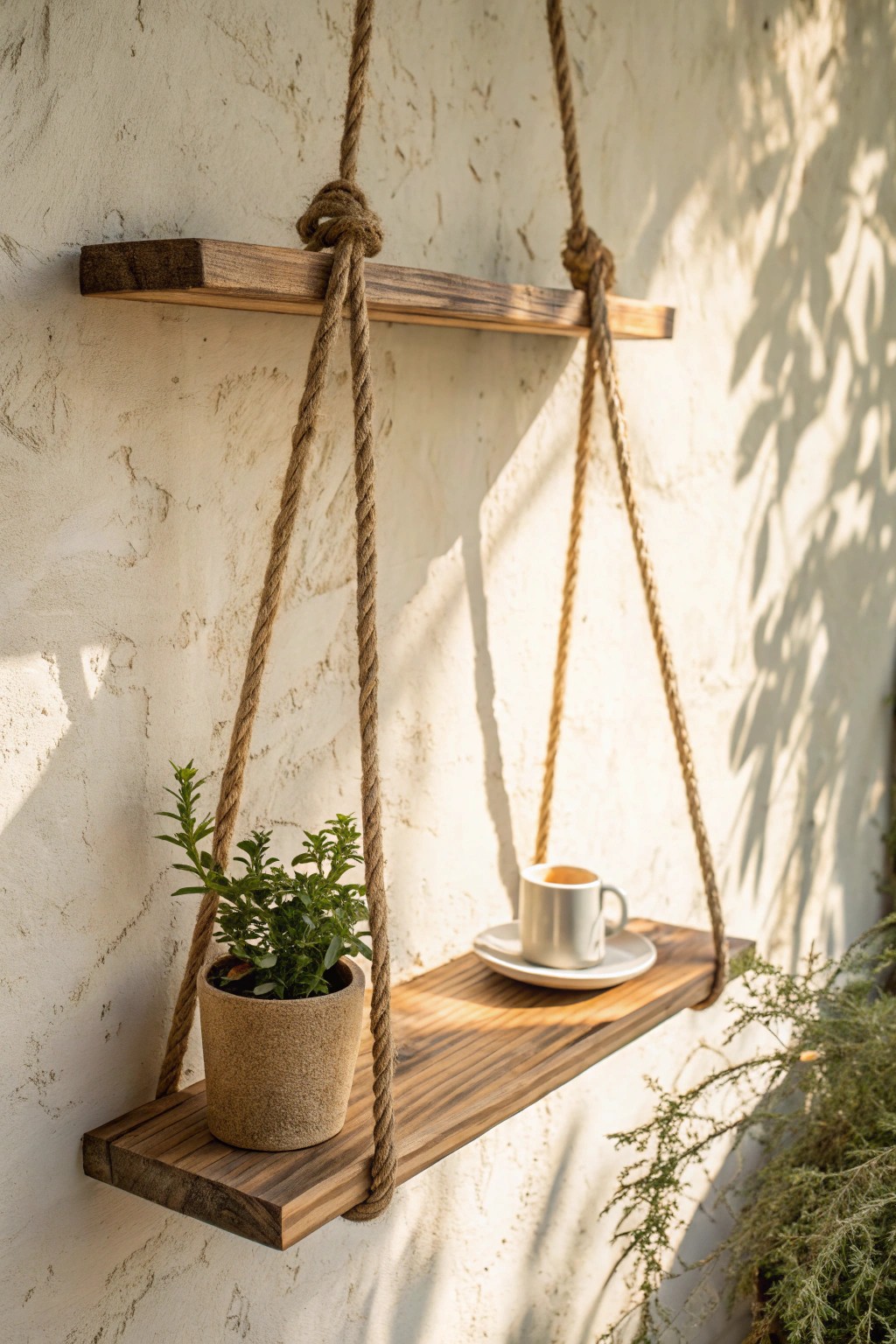 Boho charm: A rope-hung wood shelf adds effortless style and warmth.