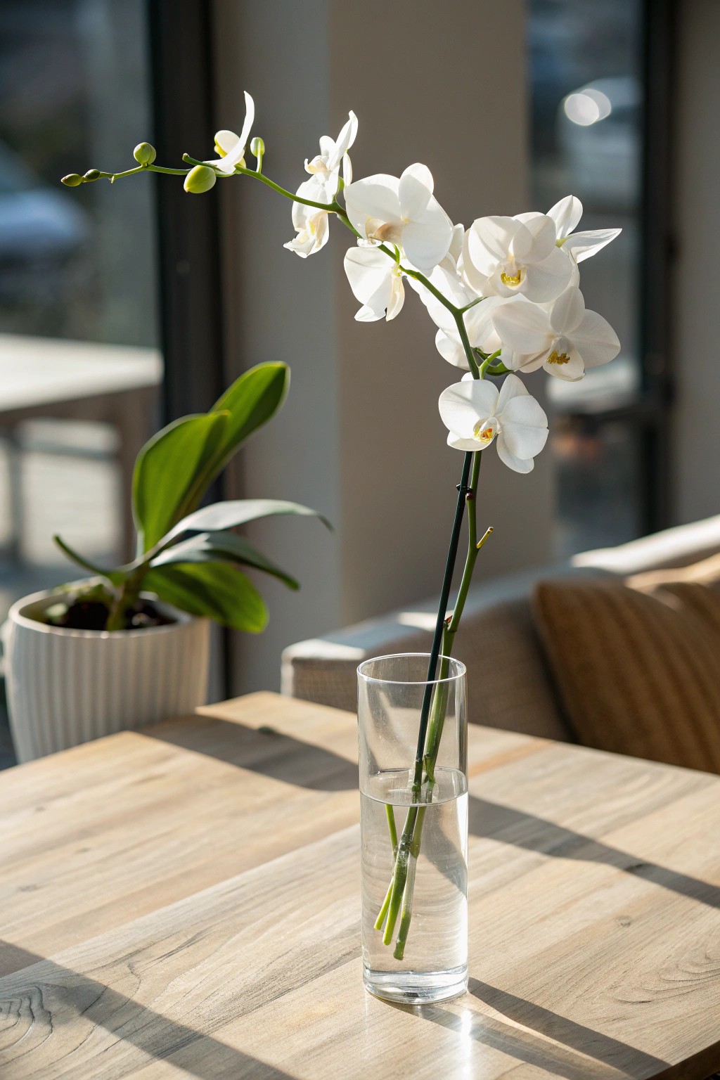 Effortless elegance: a single orchid in a handcrafted vase for chic wedding tables.