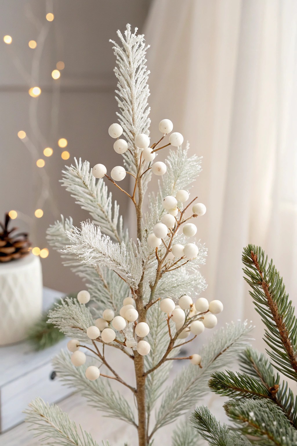 Simple winter beauty: white berries and frosted branches for a naturally elegant Christmas touch.