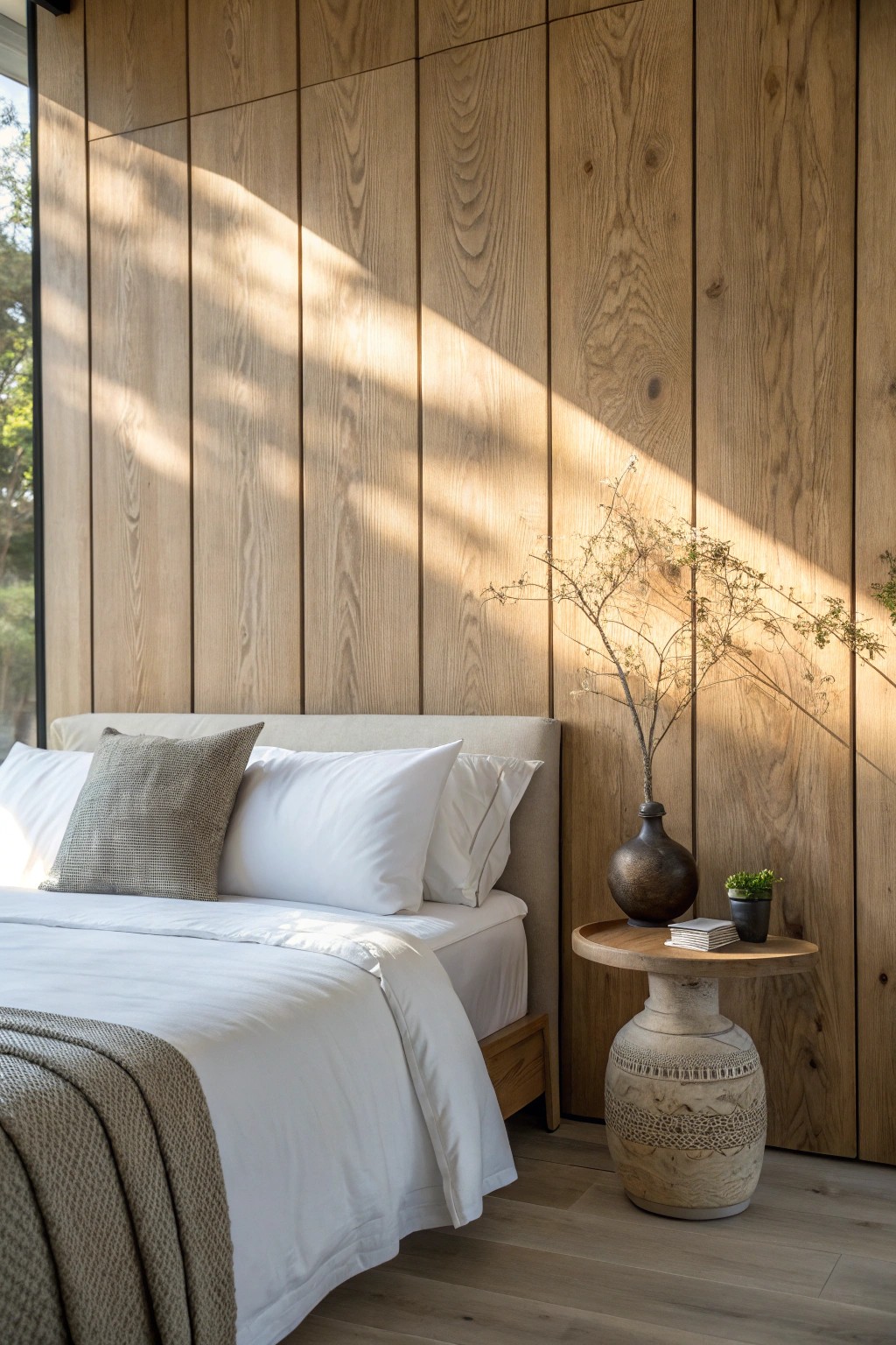 Transform your bedroom into a calming retreat with a wide-plank wood accent wall.