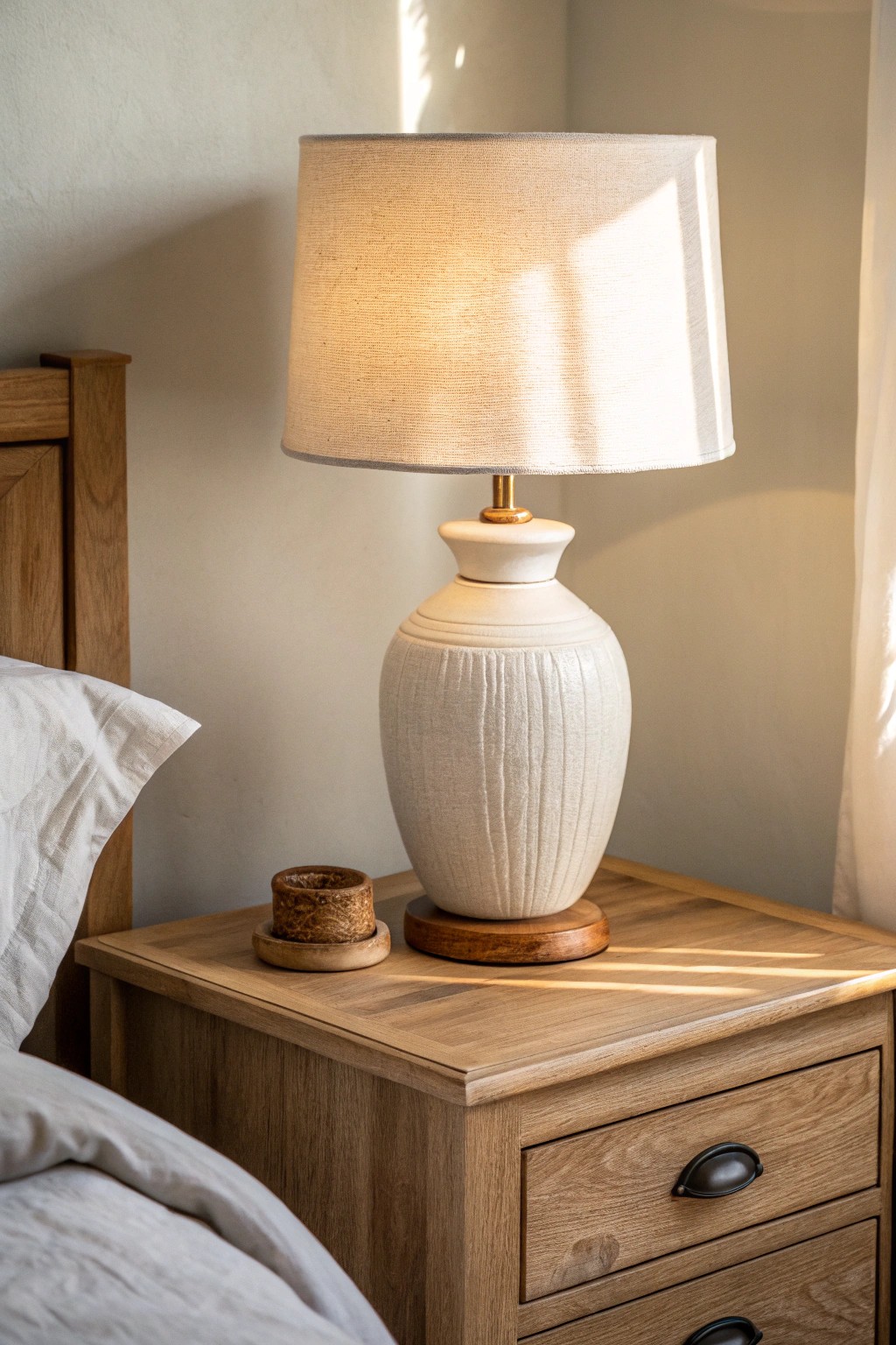Elevate your bedroom with the calming symmetry of matching artisan lamps.