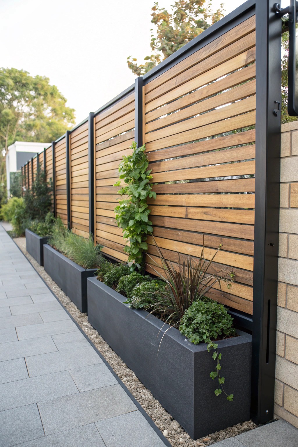 Modern backyard privacy: wood, metal, and greenery in perfect harmony.