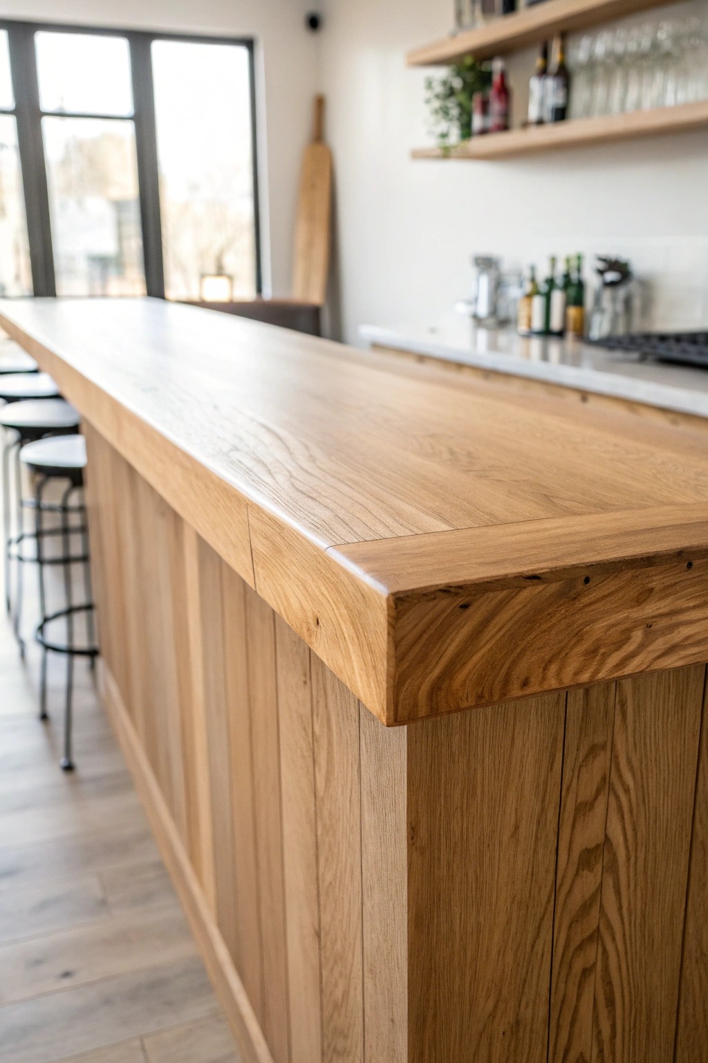 Effortless elegance: a sleek waterfall edge bar top in natural wood.