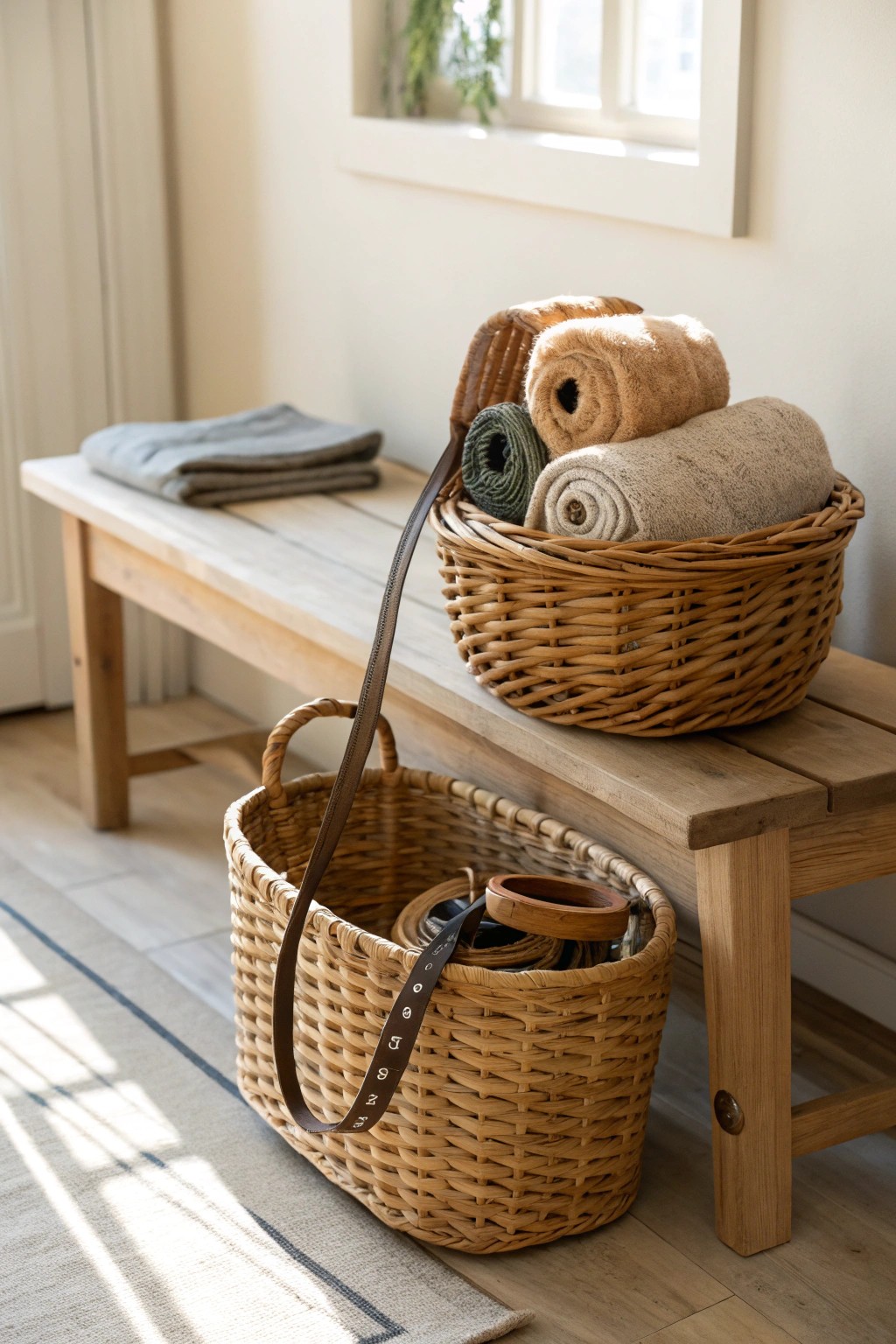 Keep walks easy with a beautiful entryway dog walking basket.