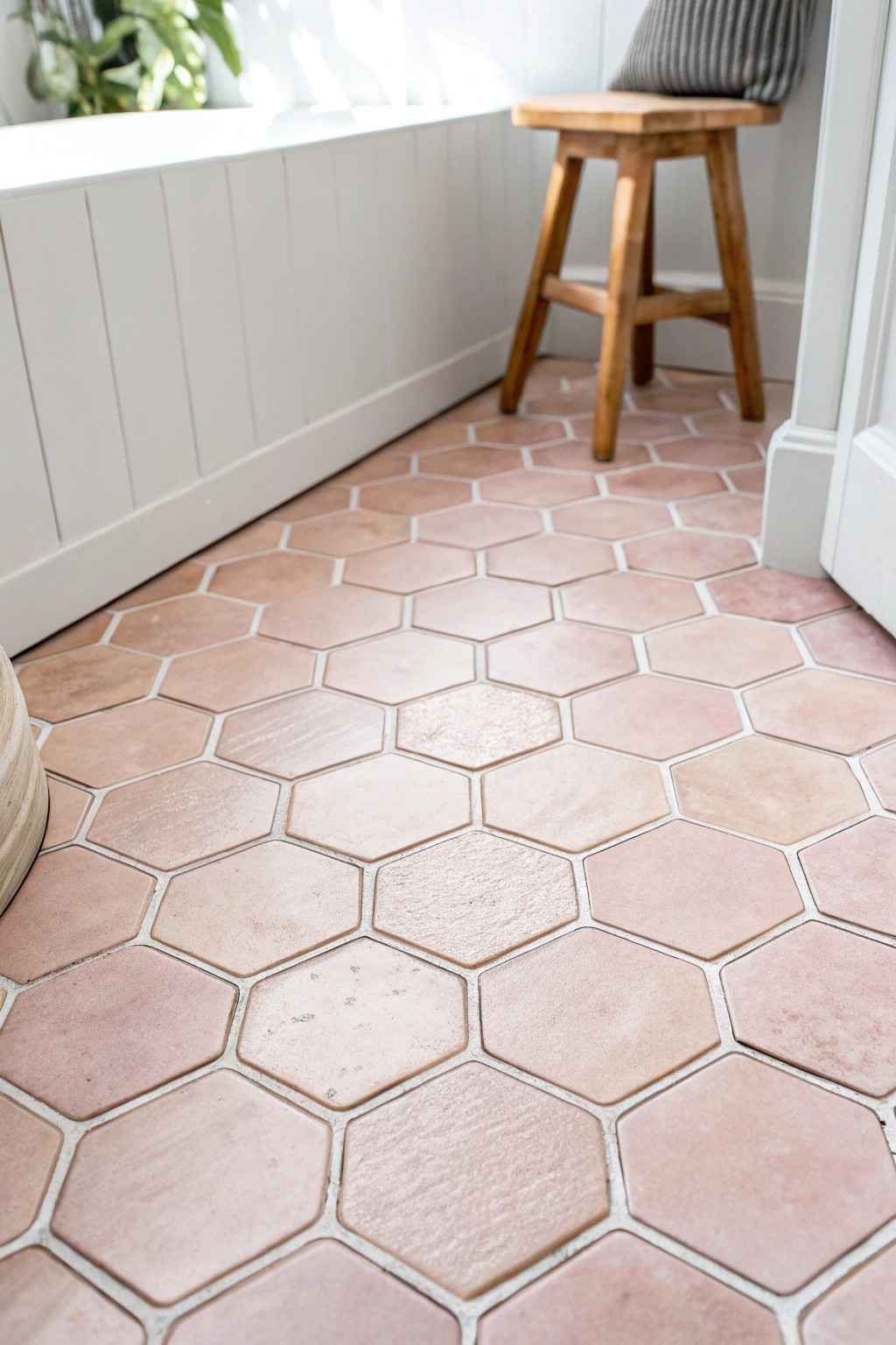Playful blush pink hexagon tiles—modern geometry meets handcrafted charm.