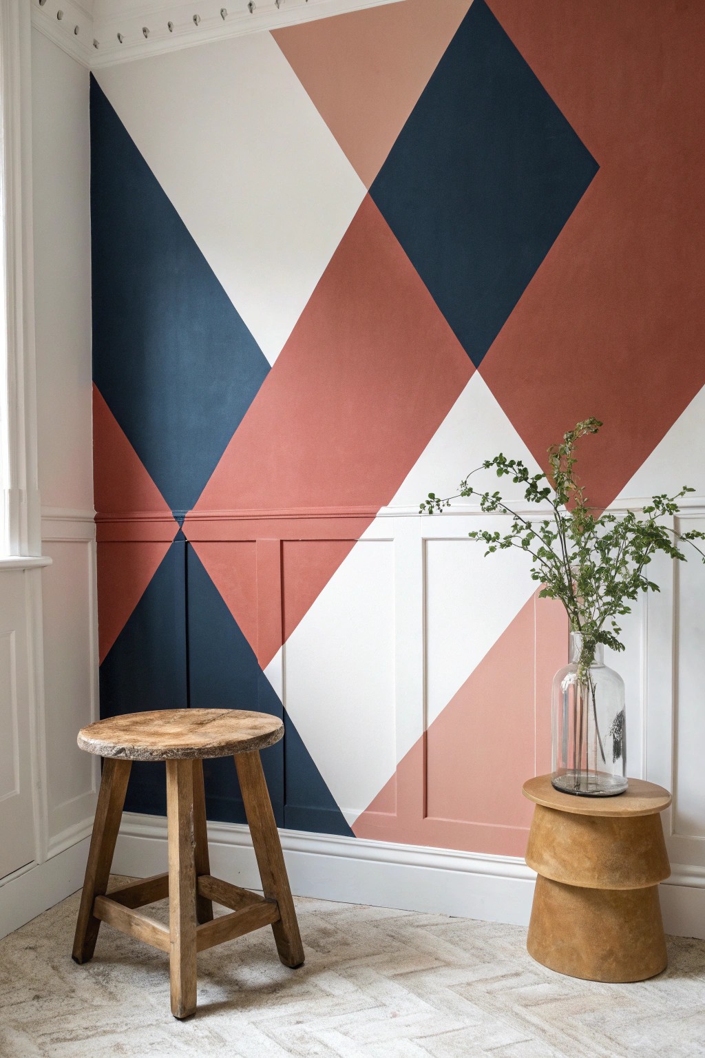 Bold color-blocked wallpaper brings modern artistry and vibrant energy to your bathroom sanctuary.