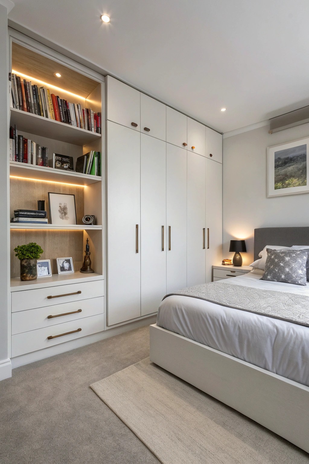 Thoughtful storage solutions keep the bedroom peaceful and organized.