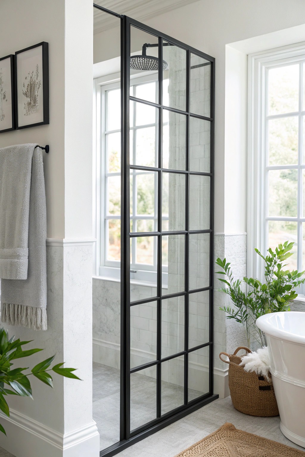 Elevate your bathroom with the artful drama of a black-framed glass shower.
