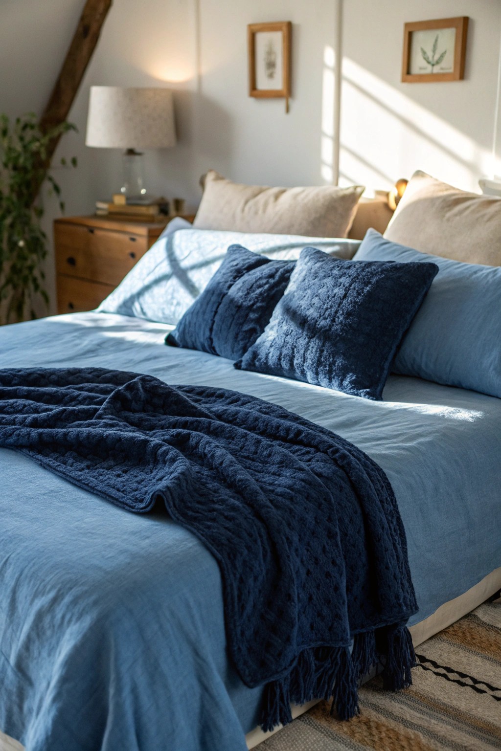 A mix of blue textures creates a layered, inviting sanctuary.