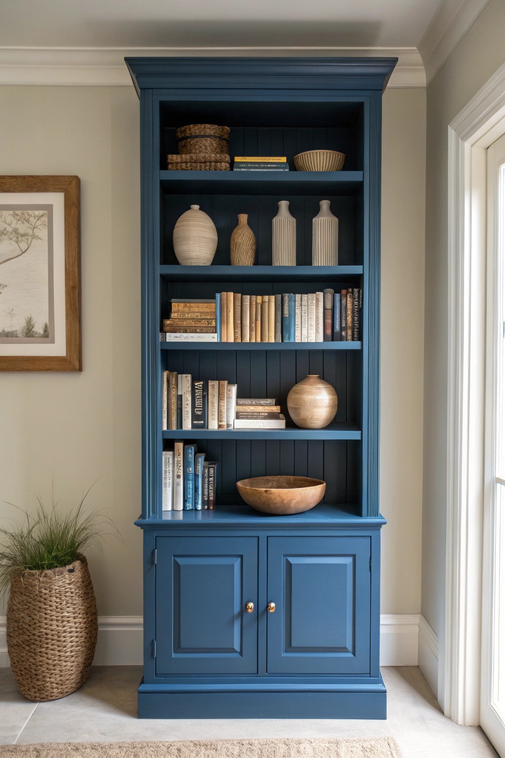 Make a statement with minimalist blue bookshelves—where every book and treasure shines.
