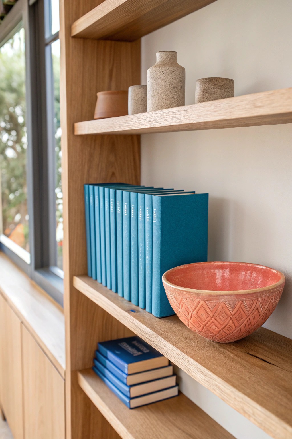 A touch of color transforms your shelf—blue books and a coral bowl for effortless style.