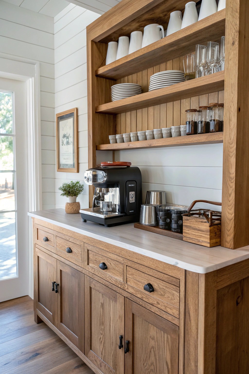 Start your day in style with a serene, handcrafted coffee bar.