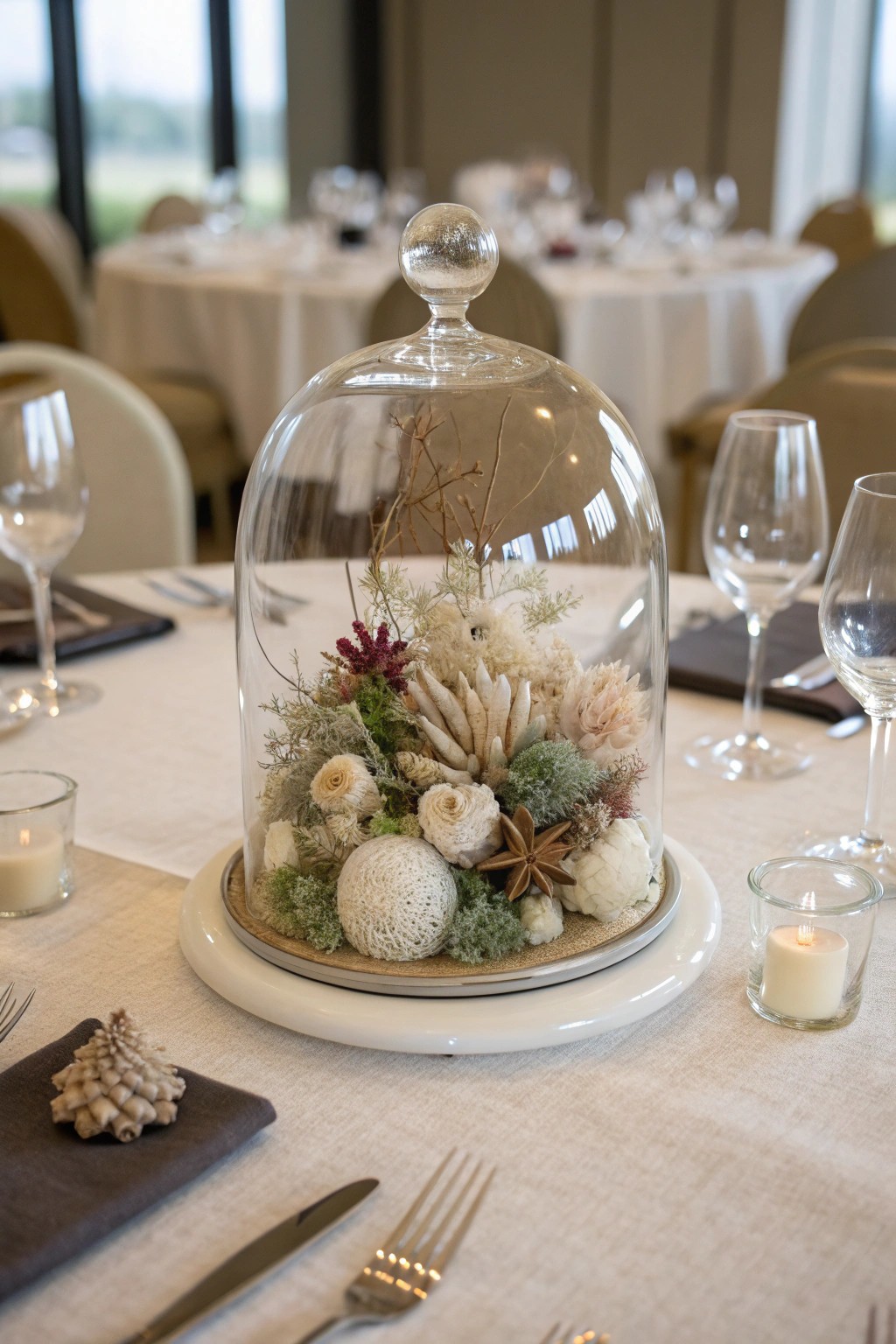 A glass cloche turns special objects into a centerpiece with museum-like charm.