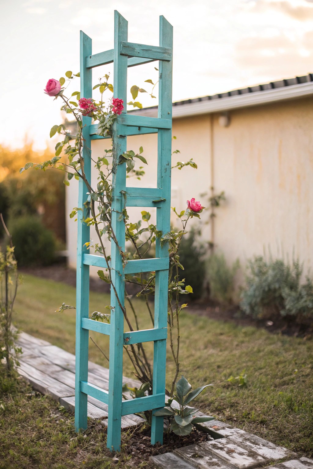 Brighten your backyard with a hand-painted trellis and a splash of color.