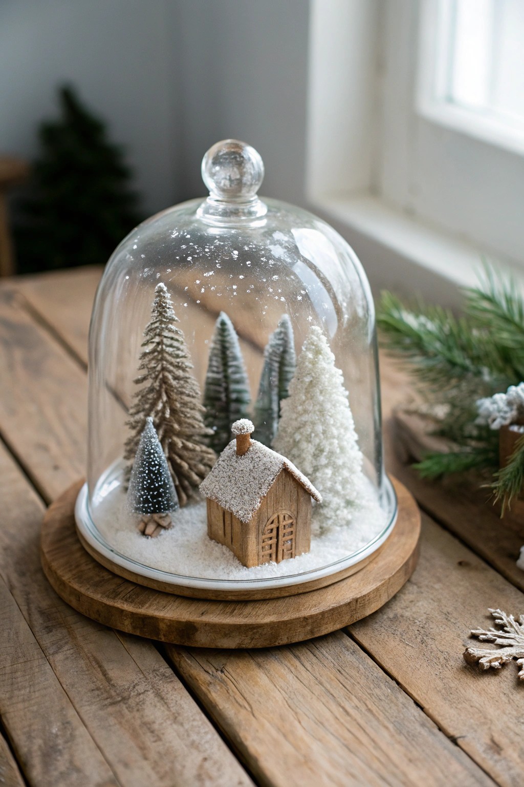 Create holiday magic with a snowy winter scene under a glass cloche.