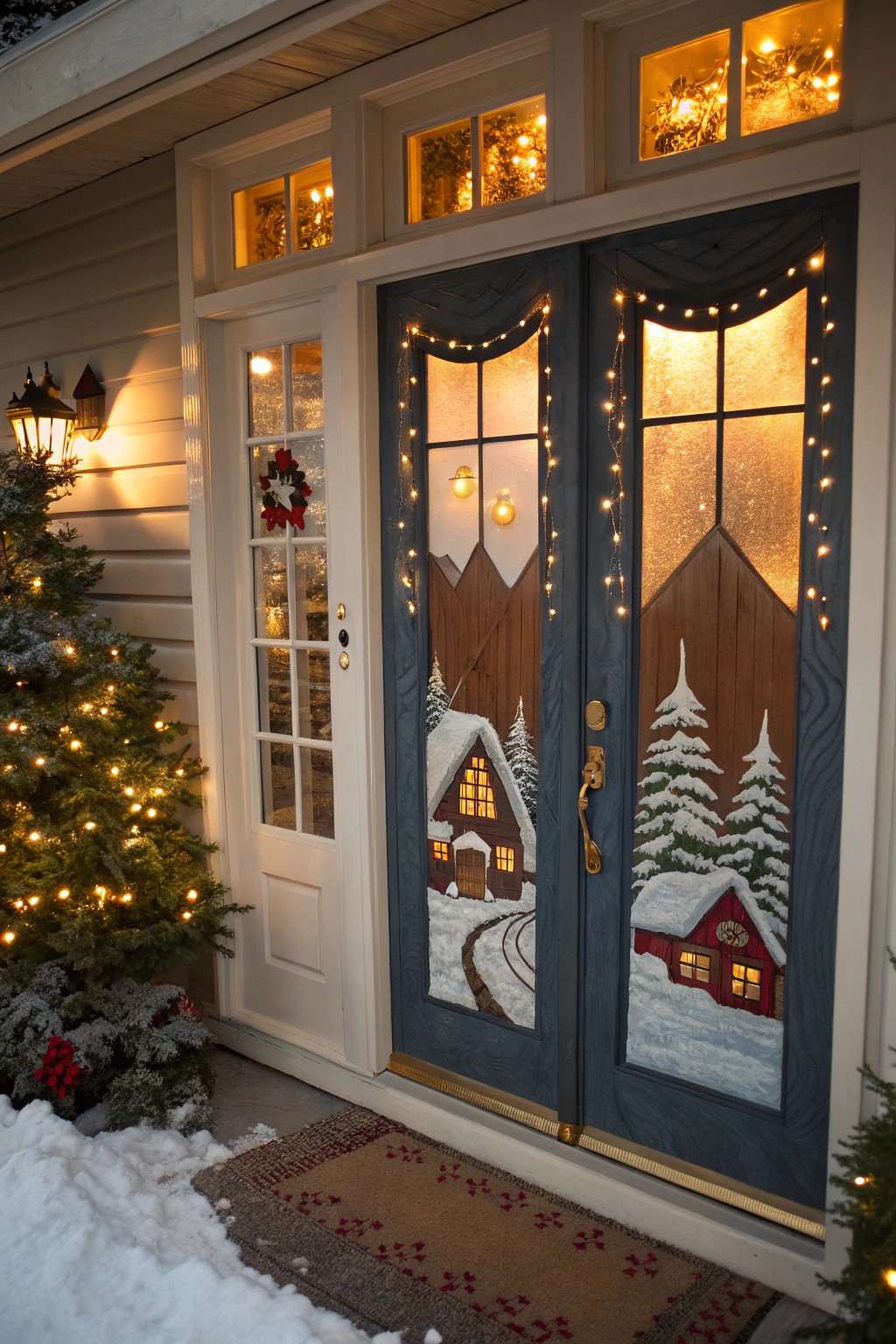 A hand-painted holiday village transforms your entry into a winter wonderland.
