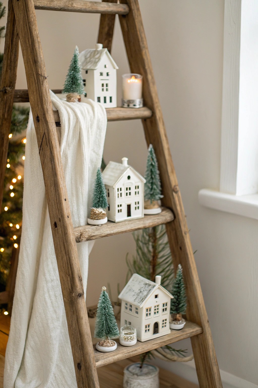 Transform a wooden ladder into a charming vertical Christmas village for a cozy, handcrafted holiday touch.