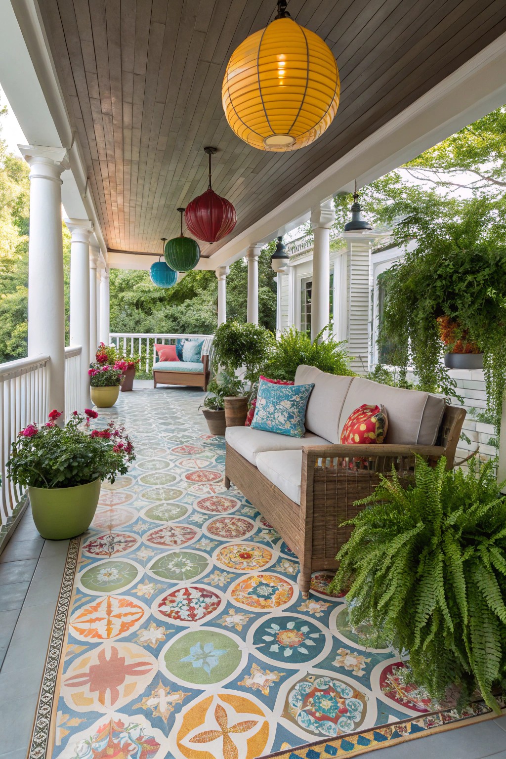 Patterned tile floors turn your porch into a work of art.