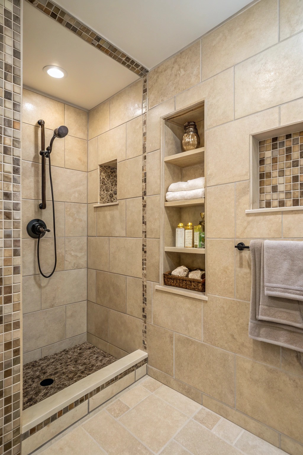 Tiled wall niches provide elegant, seamless storage in the shower.