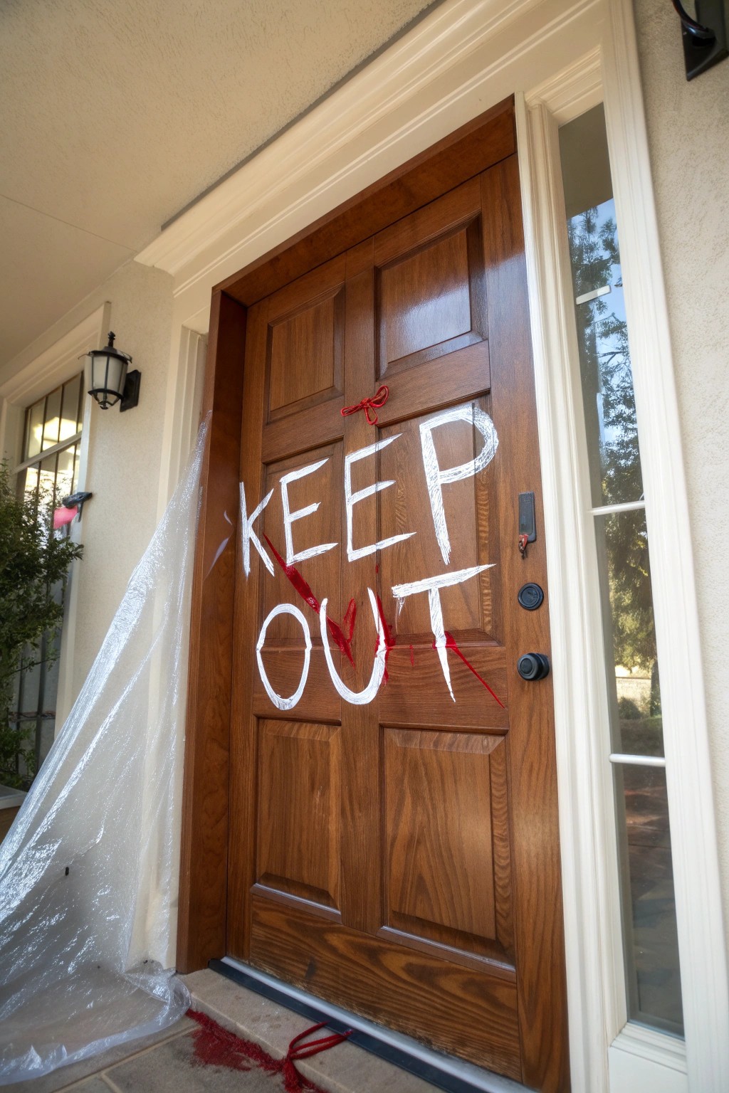 Chic Halloween door decor: a simple warning sign with handcrafted flair.