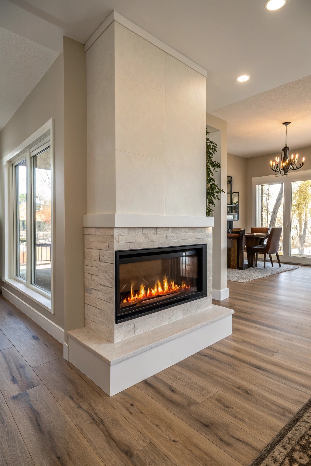 Elevate open spaces with a double-sided electric fireplace room divider.