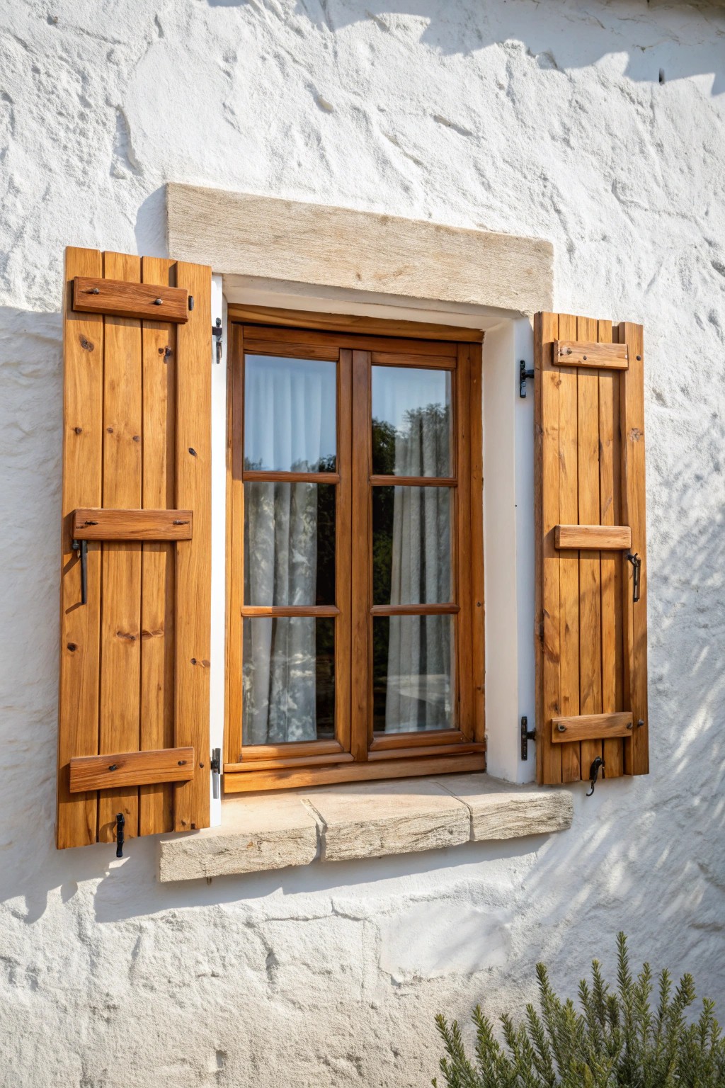 Natural wood false shutters add handcrafted charm and dimension to any window.