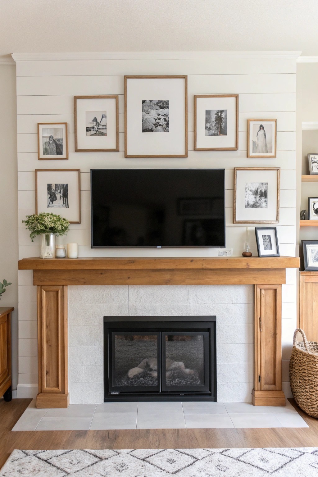 Elevate your fireplace with a minimalist gallery wall blending tech and treasured memories.