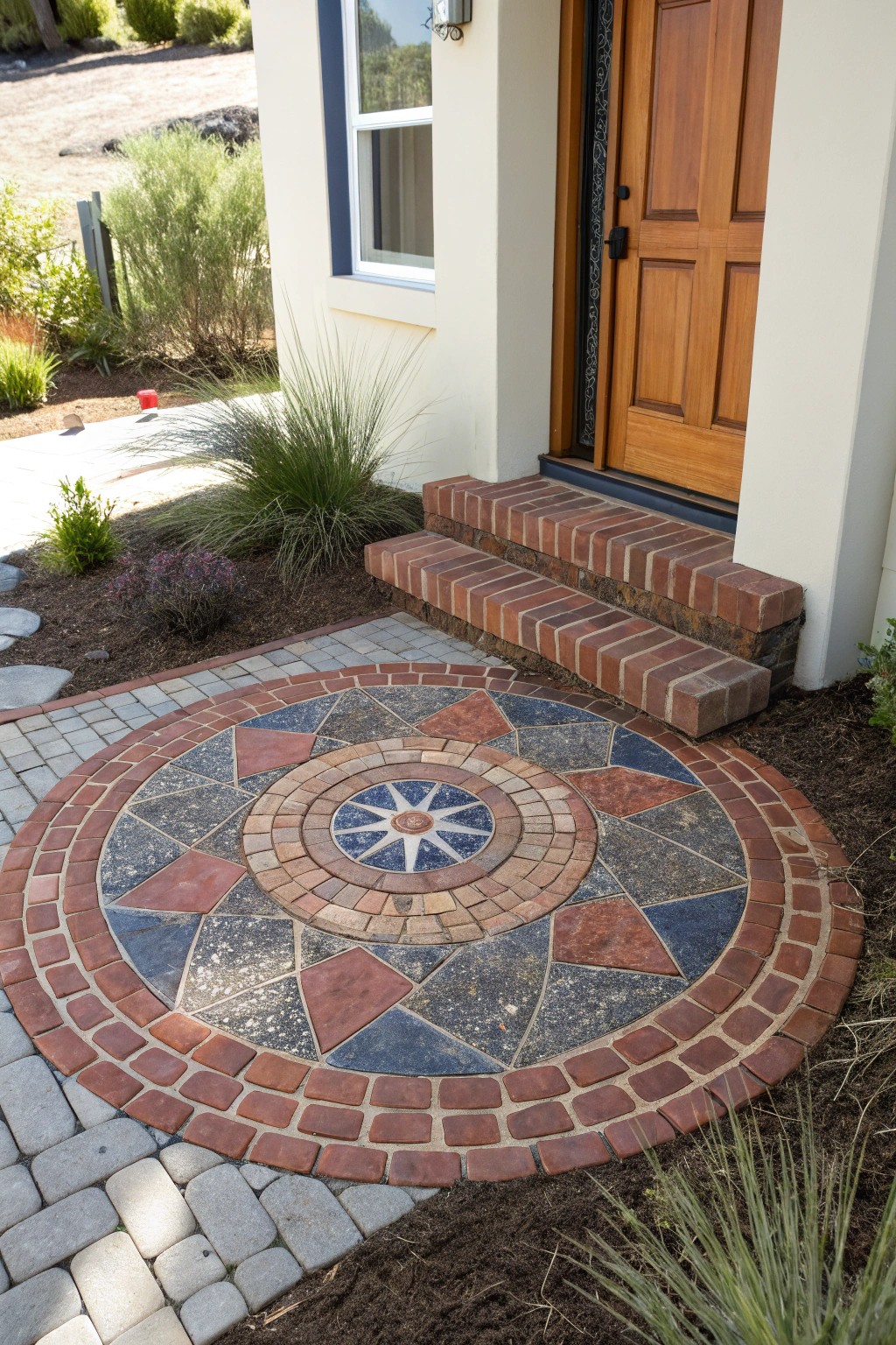 Make a grand entrance with a striking mandala mosaic walkway—artistry at your doorstep.