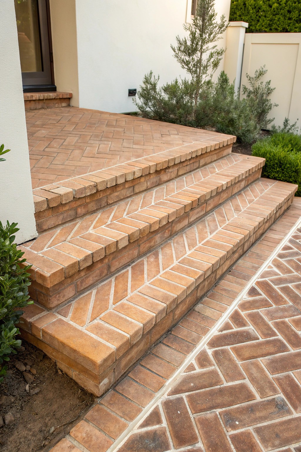 Elevate your entryway with handcrafted herringbone brick steps.