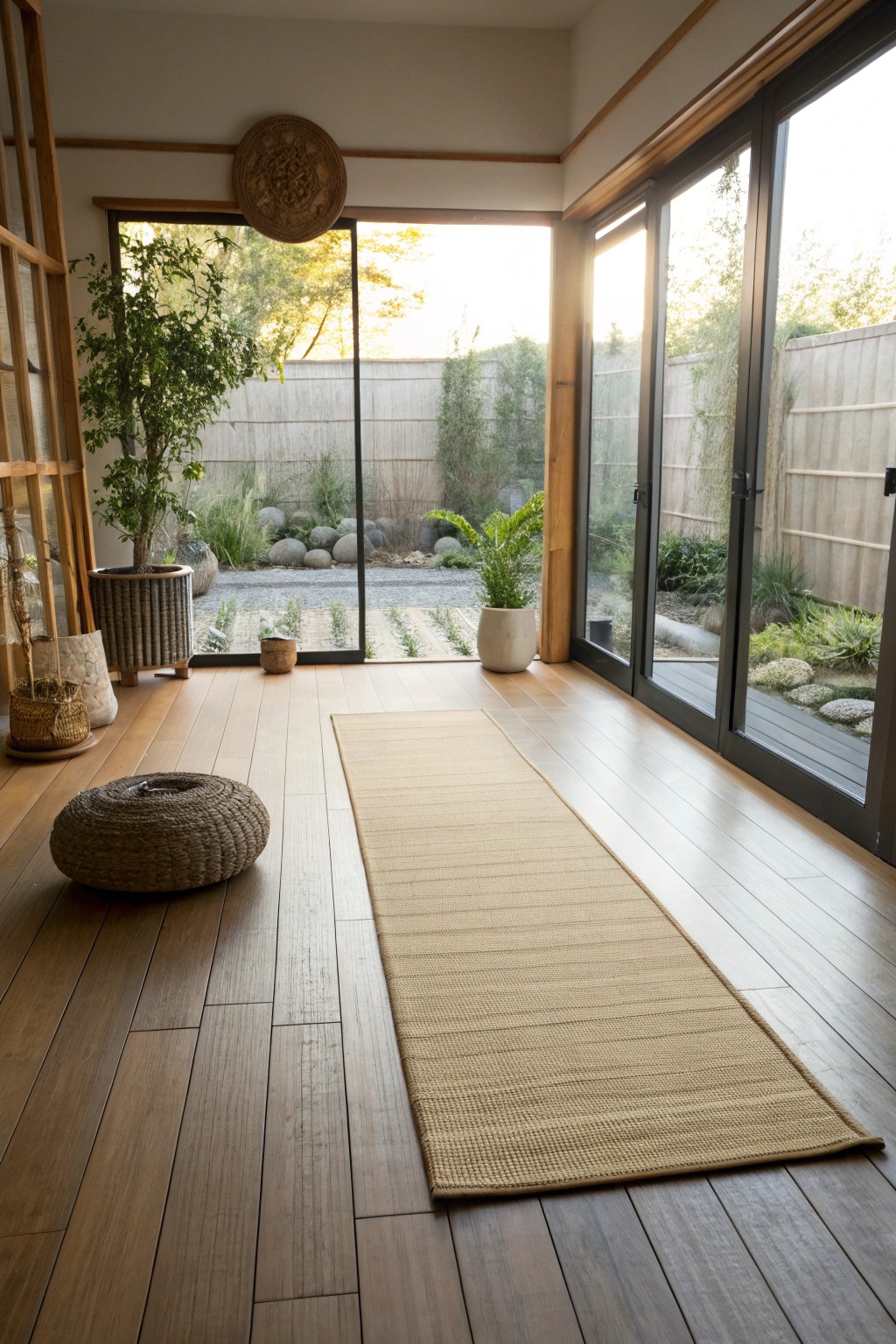 Transform your garage into a serene yoga retreat filled with natural light and simple beauty.