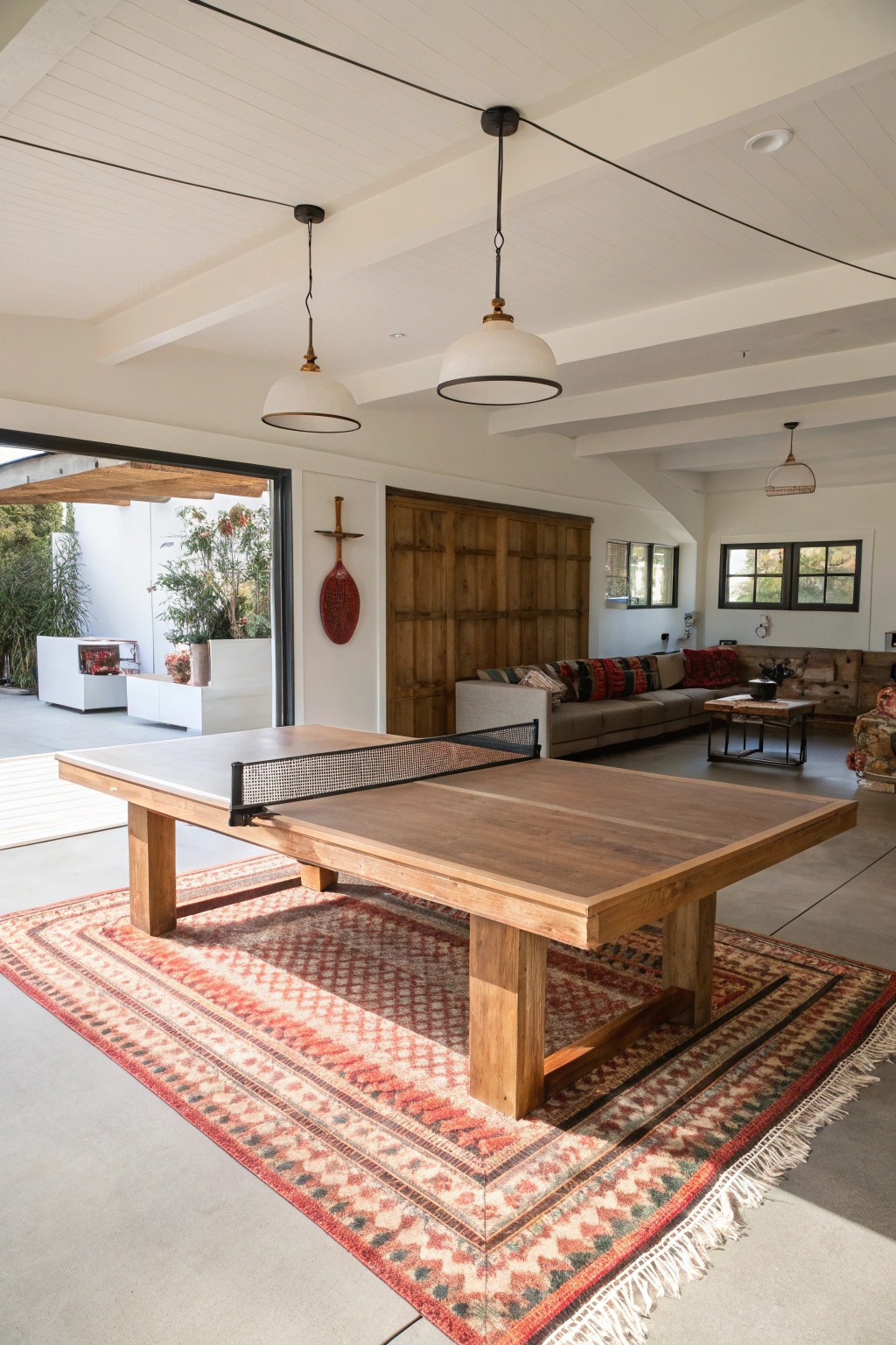 Turn your garage into a stunning rec room with a handcrafted ping-pong table as the centerpiece.