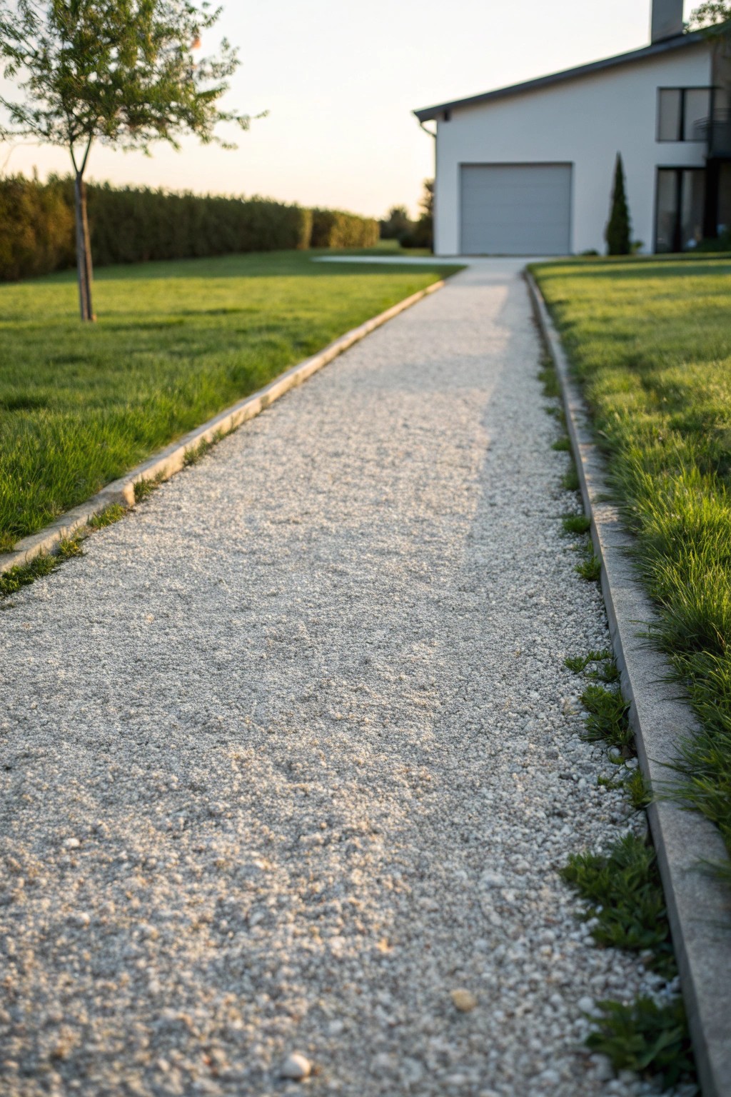 Sleek simplicity: a minimalist straight gravel driveway for modern curb appeal.