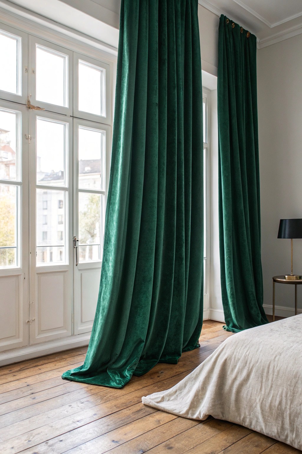 Transform your bedroom with lush green velvet curtains for a touch of natural elegance.