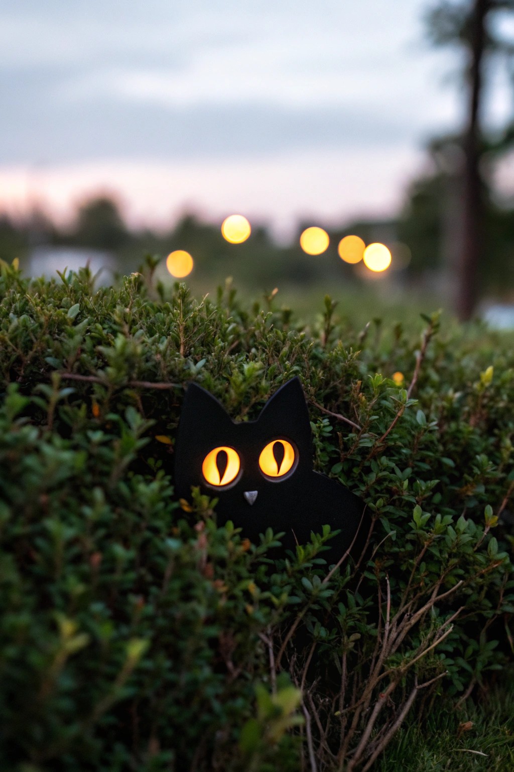 Subtle glowing eyes peeking from the bushes—handmade Halloween magic.