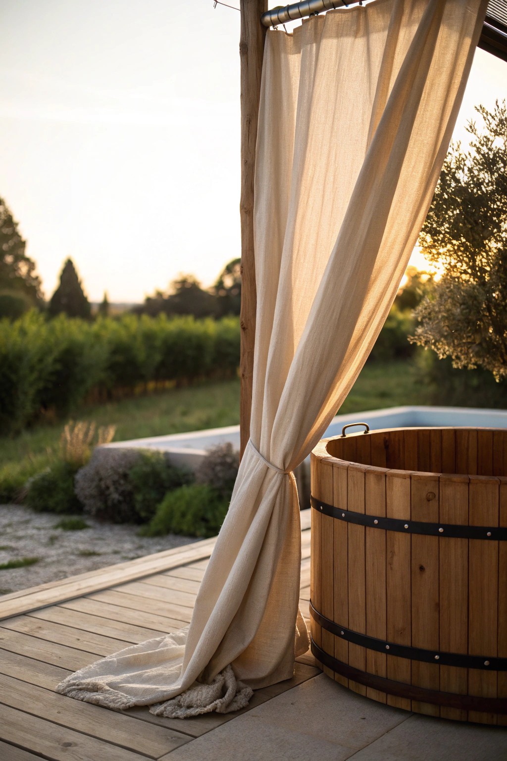 Effortless privacy: natural linen outdoor curtains create a cozy sanctuary by the hot tub.