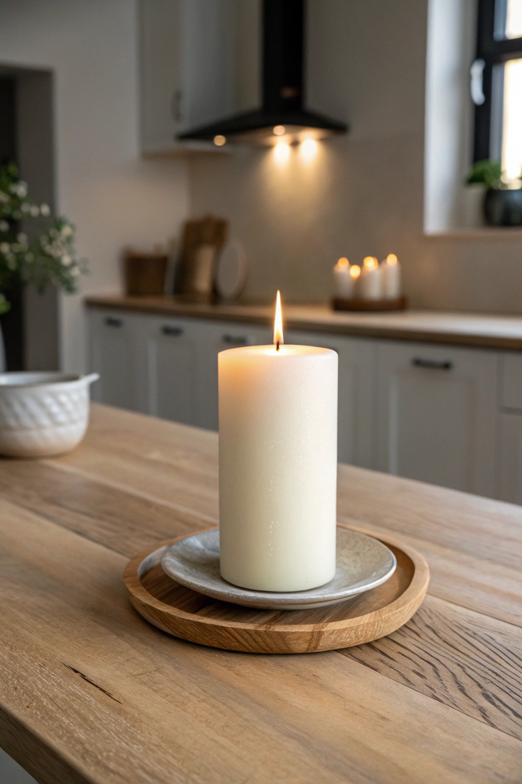 Create calm in your kitchen with the warm glow of a simple candle.